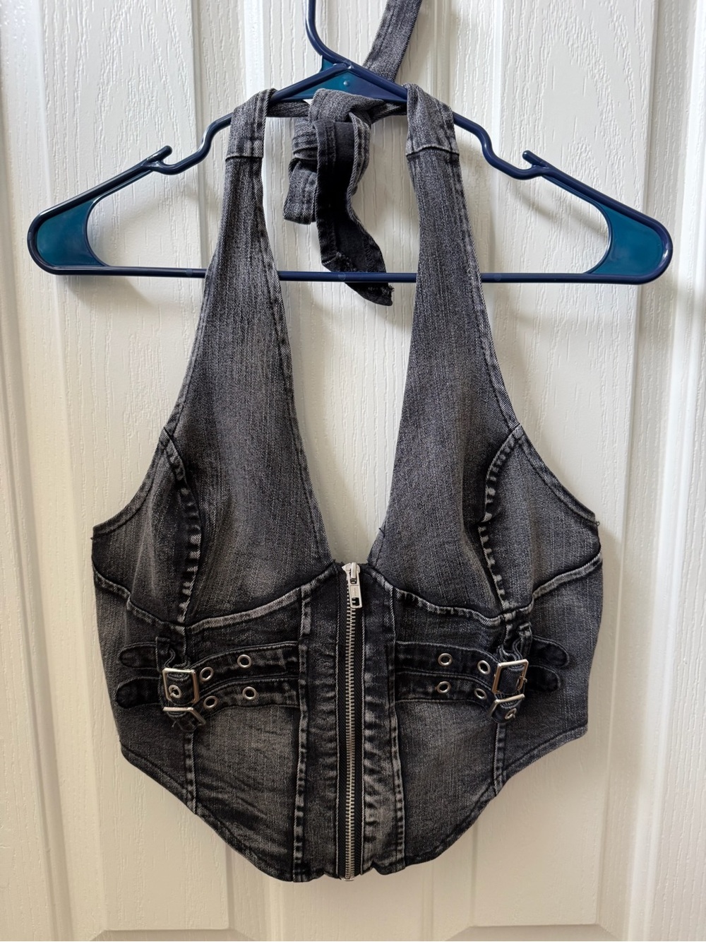 SHEIN Black Washed Denim Halter Zip Vest with Buckle Details